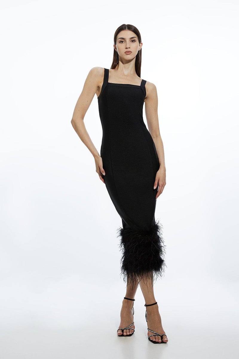 Black Bandage Knit Bodycon Midi Dress With Feather Hem