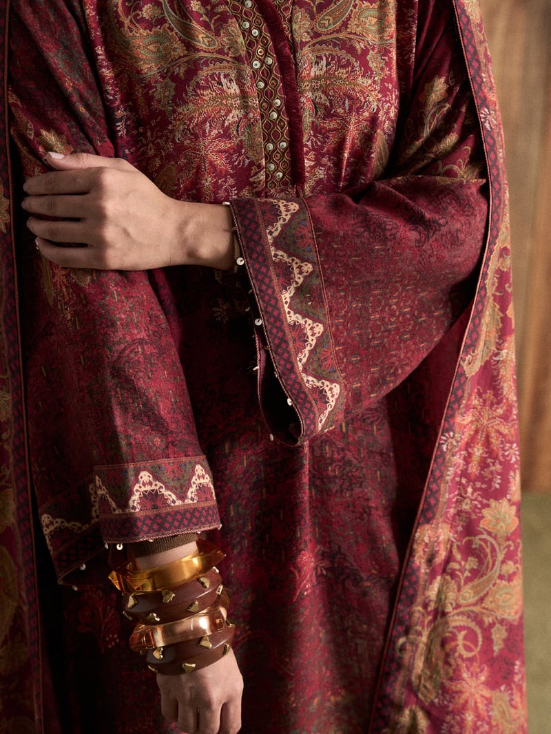 Maroon Printed Flared Kurta Set with Dupatta