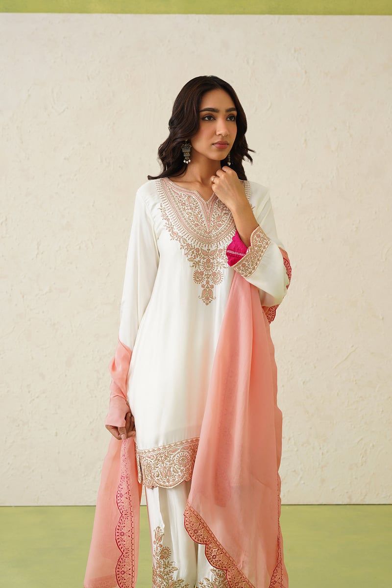 Cream Embroidered Kurta Set with Peach Organza Dupatta