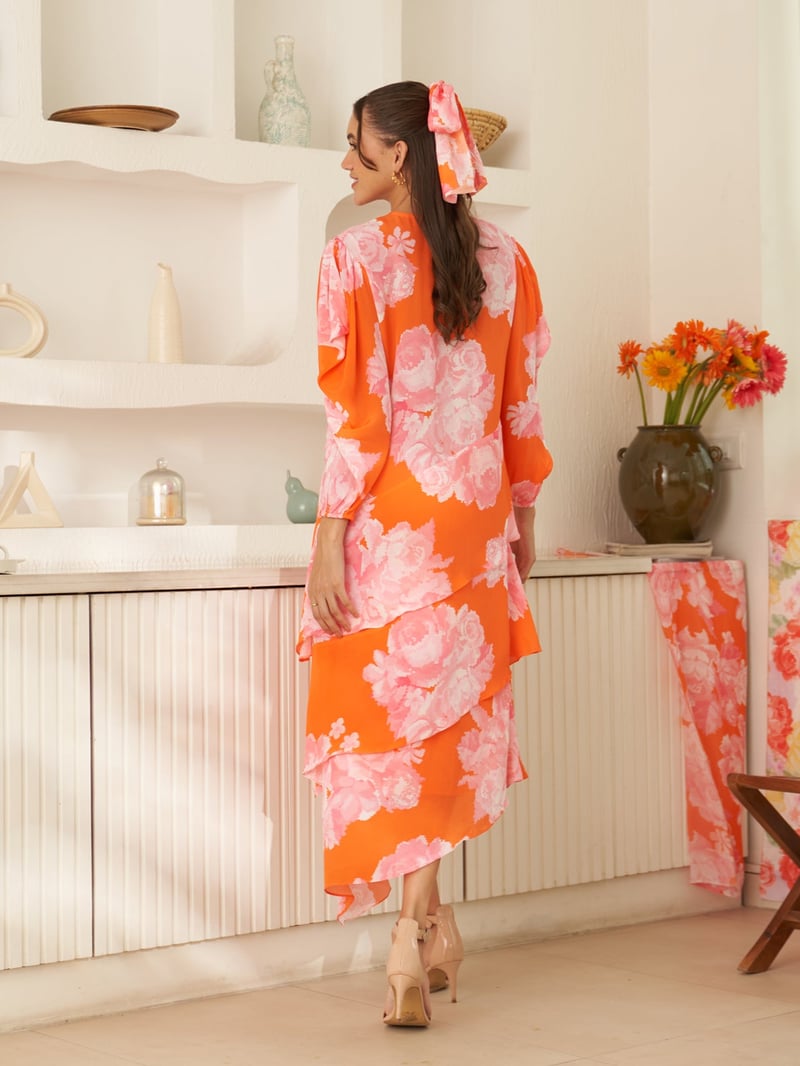 Orange Floral Tiered Midi Dress
