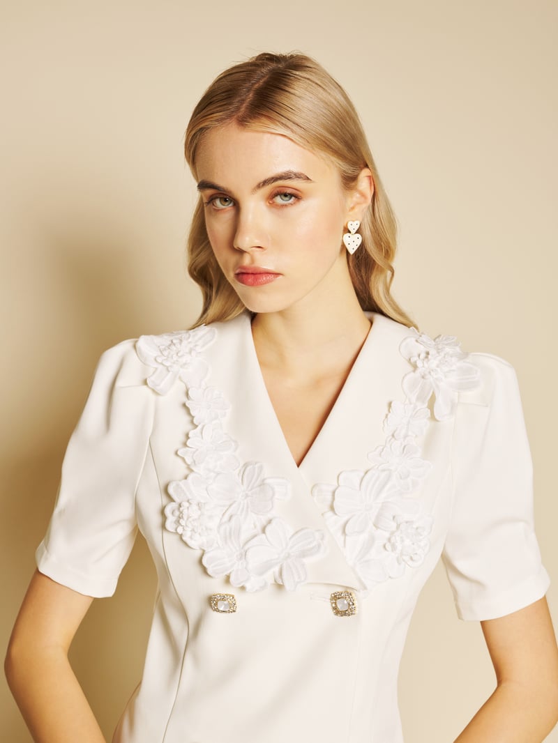 Pearled White Double-Breasted Applique Collar Tailored Top