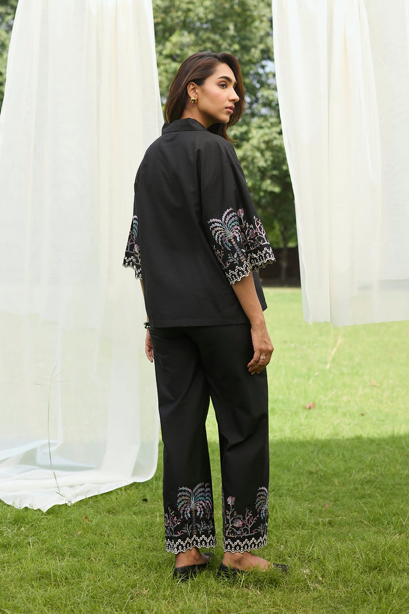 Black Embroidered Co-ord Set with Wide-Leg Pants