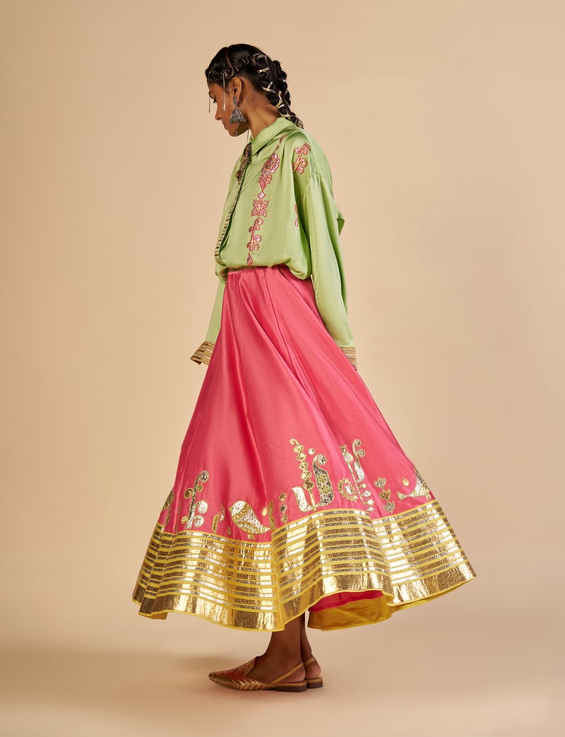 Pink Silk Chanderi Maxi Skirt with Gota Border