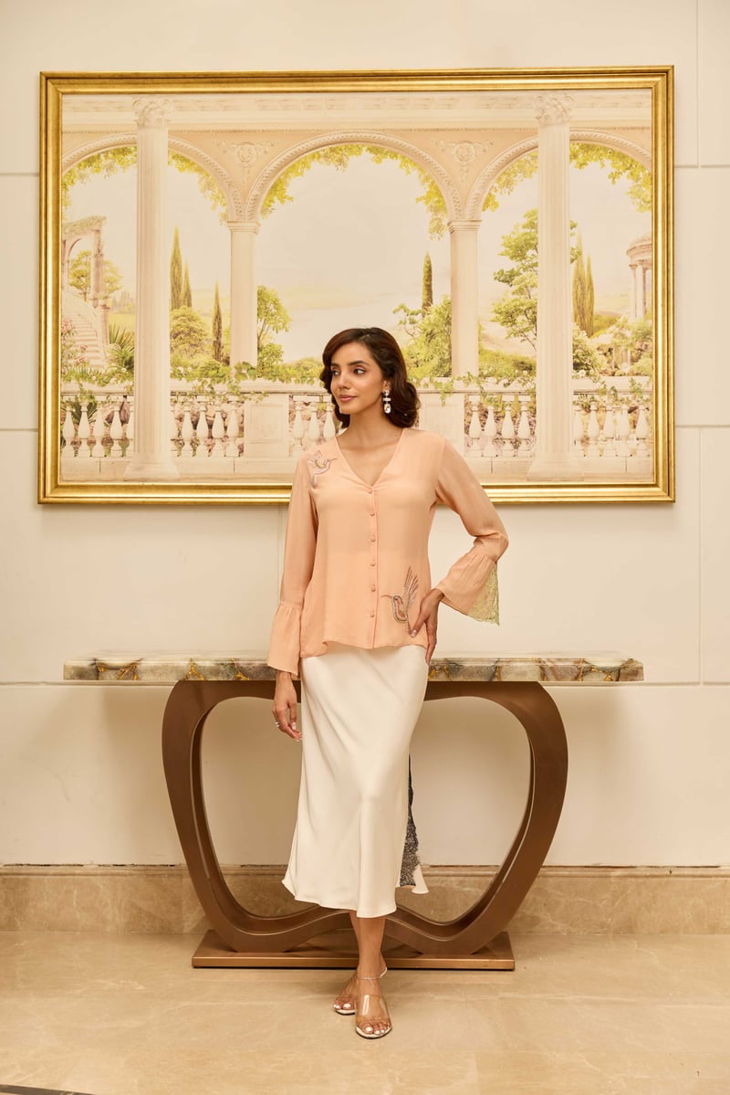 Serenade Peach Hand Embroidered French Lace Crepe Silk Top