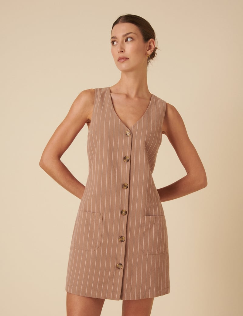 Stone Pinstripe Button-Front Pinafore Mini Dress — Nobody's Child