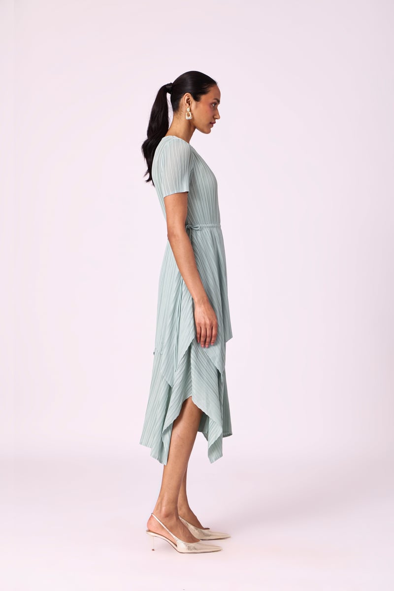 Sage Mint Pleated A-Line Midi Dress with Tie Waist