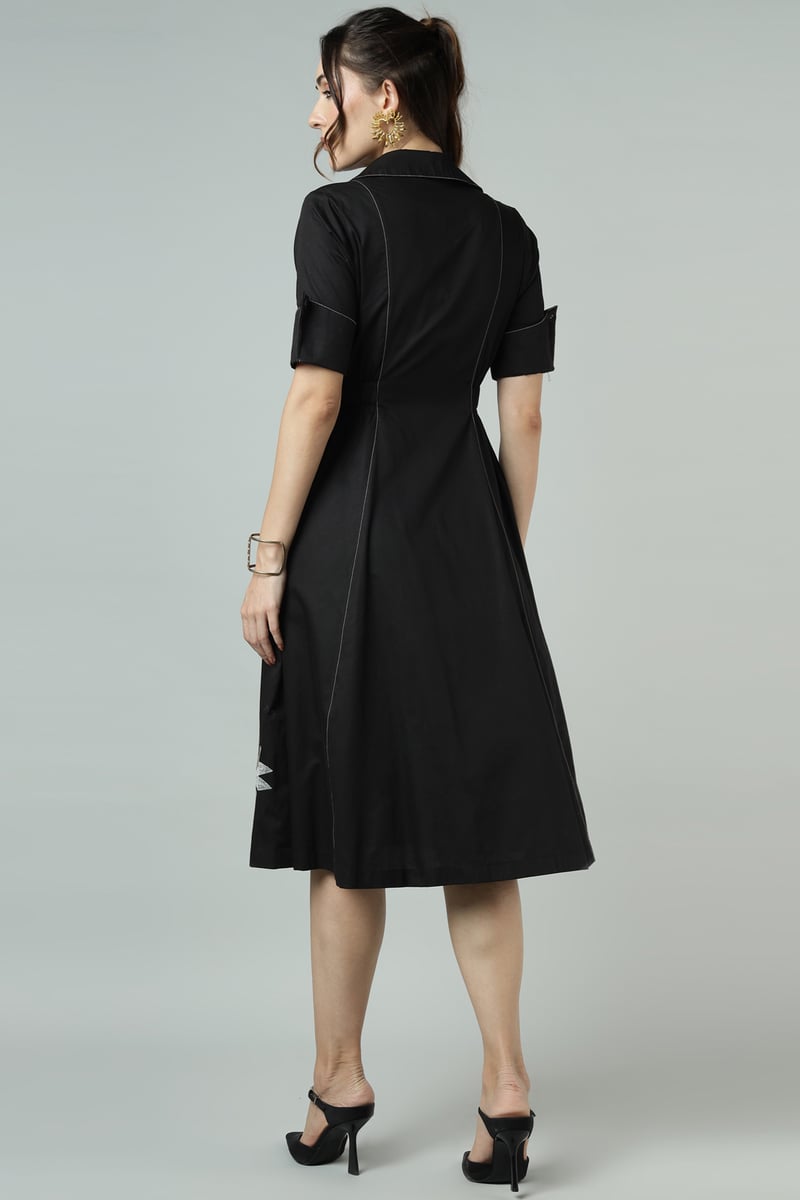 Black Suiting Wrap Midi Dress with Botanical Embroidery