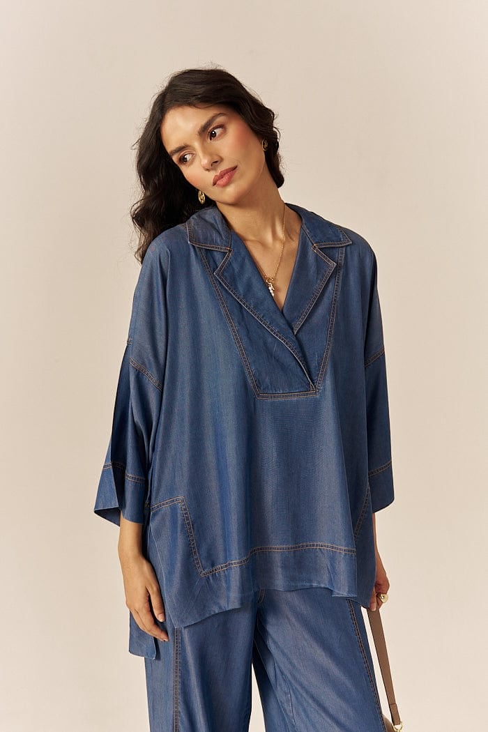 Blue Lapel Shirt and Flared Pants Co-ord Set