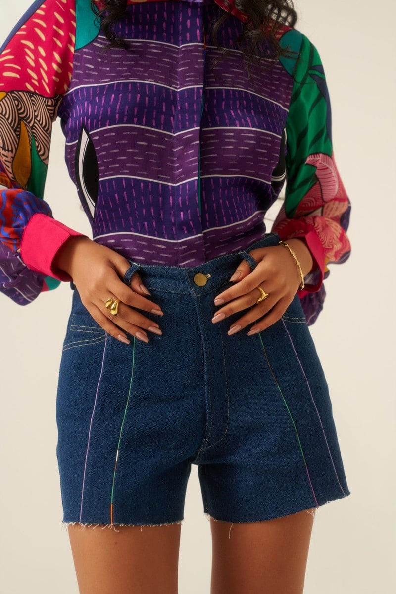 Multicolor Printed Organza Satin Shirt with Contrast Collar