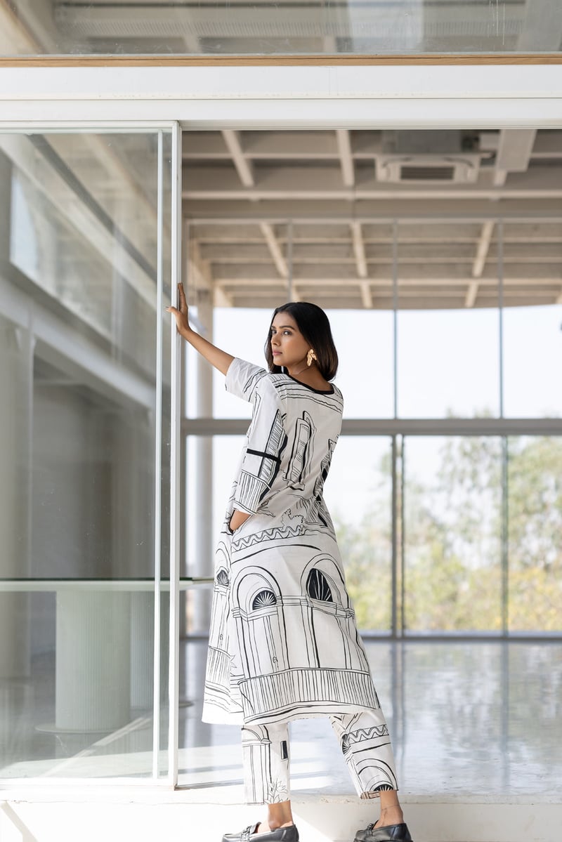 White Monochrome Printed Cotton Poplin Kurta Set