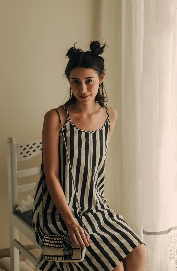 Black/White Striped Cotton Midi Slip Dress — Banana Labs