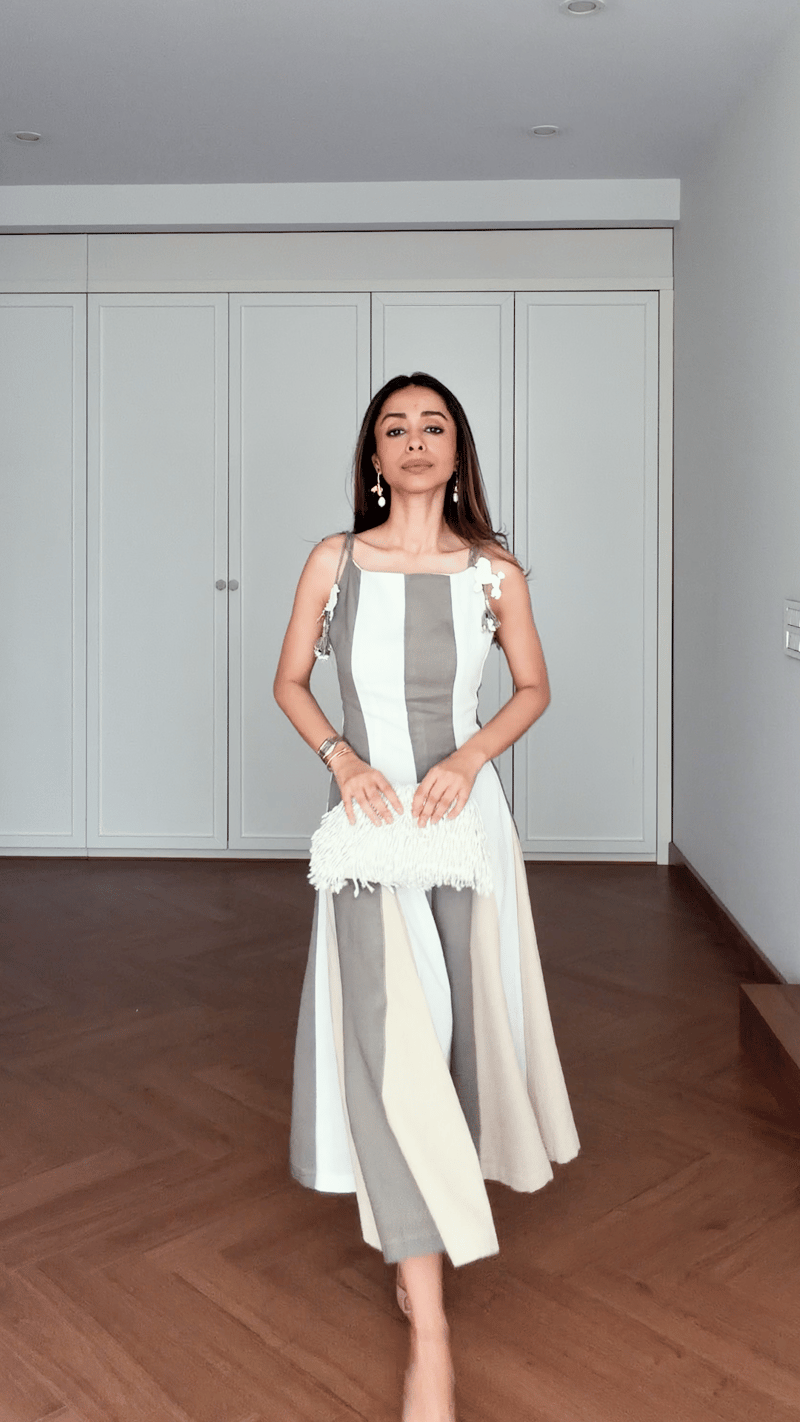 Neutral Colorblock Cotton Linen A-Line Midi Dress