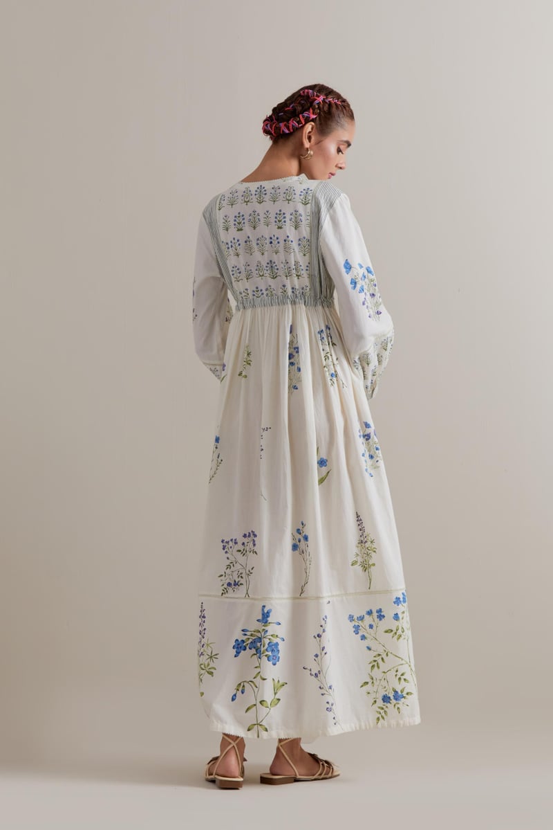 Off-White Floral Block Print Maxi Dress with Waist Tie