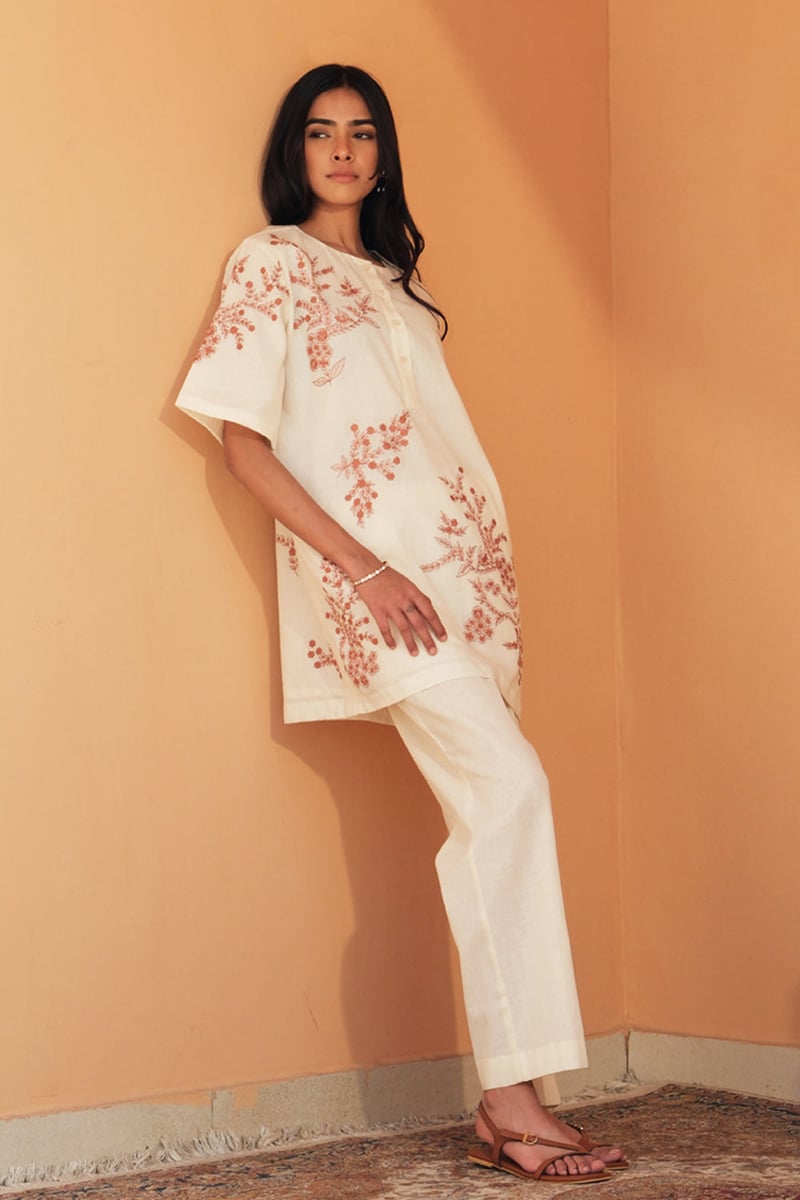 Off-White Floral Mul Mul Co-ord Set with Pants