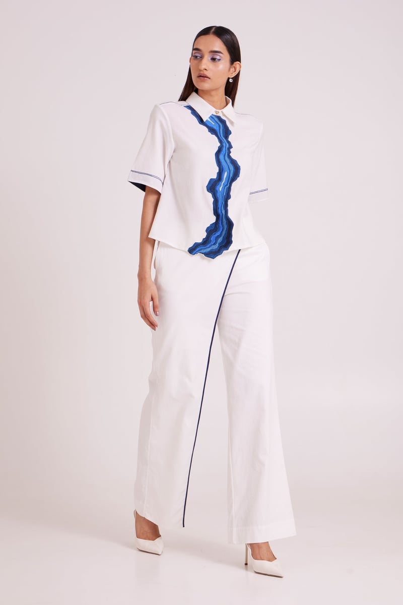 Ivory Shirt and Wide-Leg Pants Co-ord Set with Blue Appliqué