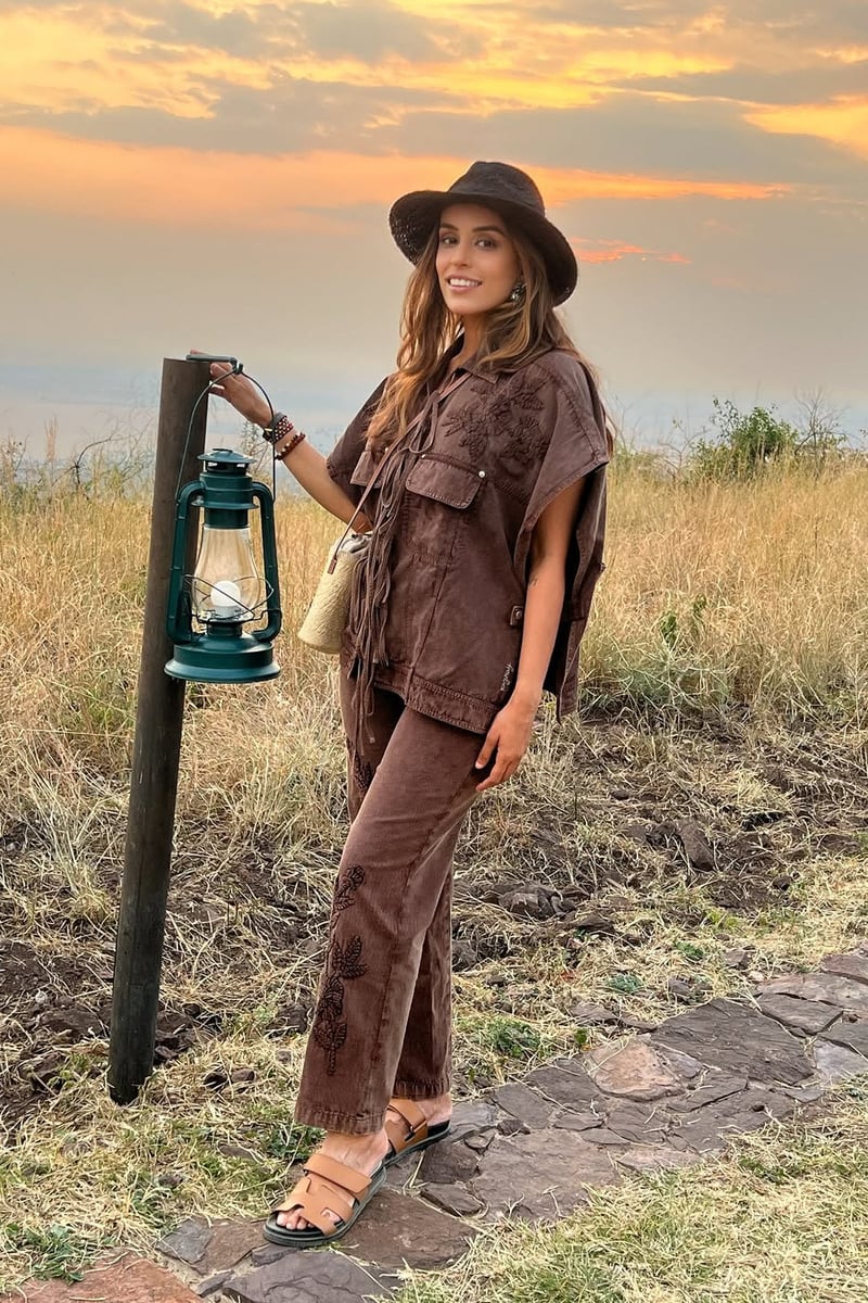 Brown Denim Embroidered Co-ord Set with Tie-Up Top