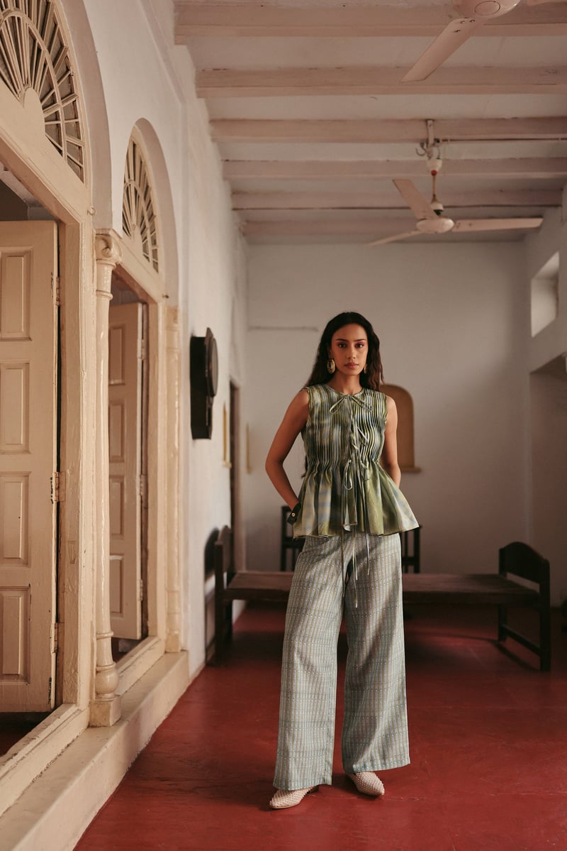 LightBlue Striped Linen Wide-Leg Trousers