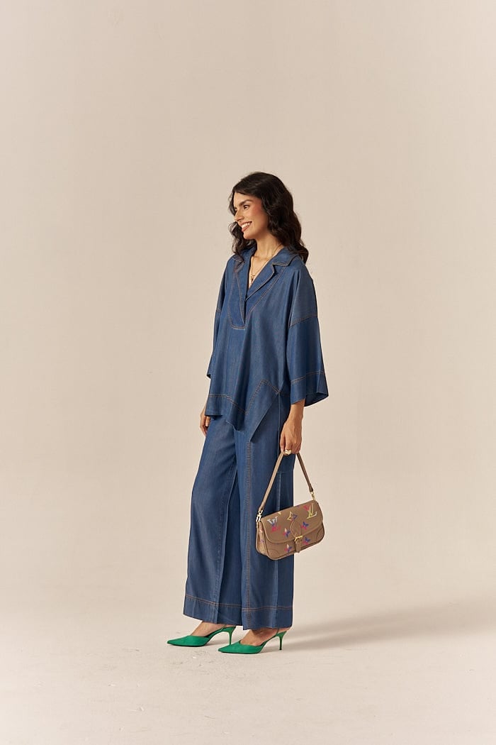 Blue Lapel Shirt and Flared Pants Co-ord Set