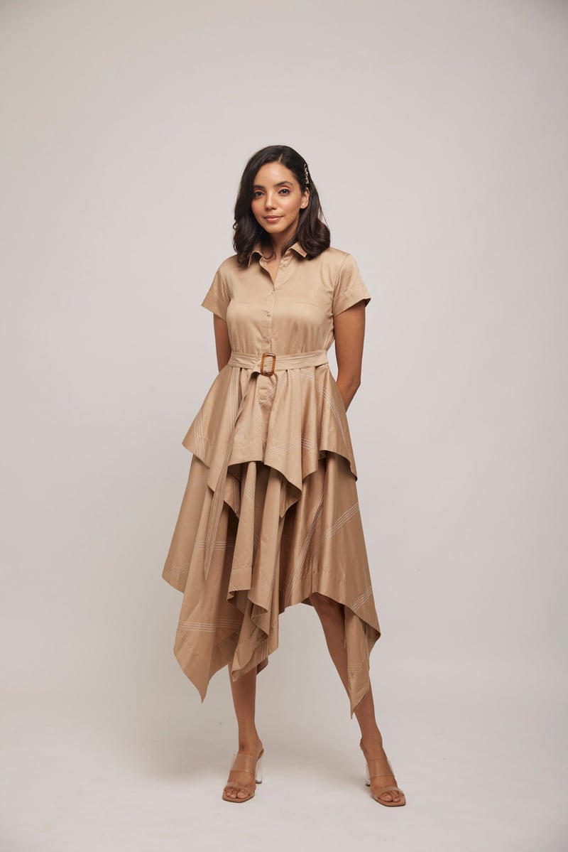 Beige-Gold Asymmetrical Layered Shirtdress with Belt