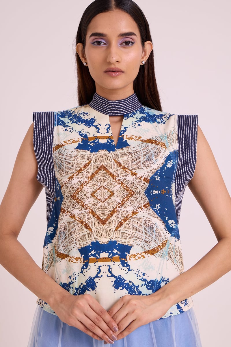 Ice Blue Printed Top and Divided Skirt Co-ord Set
