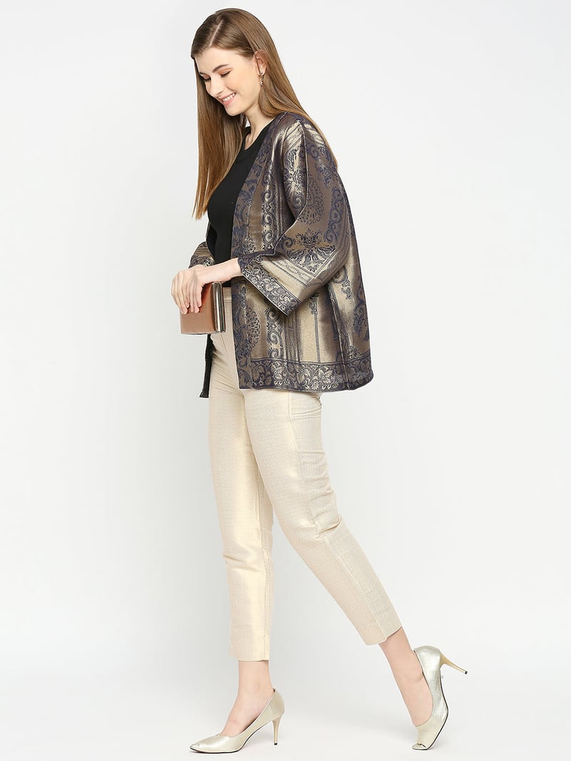 Navy Blue Metallic Brocade Kimono Jacket