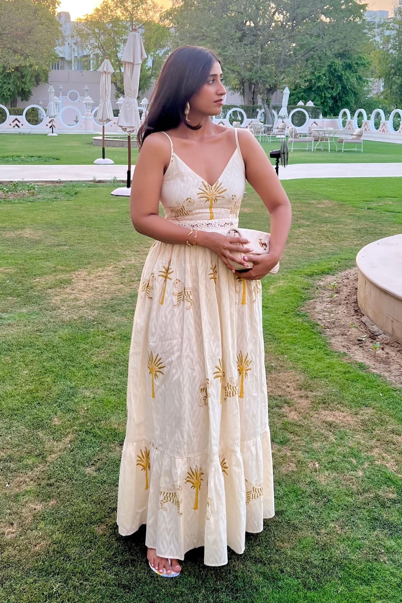 Off-White Printed Tiered Maxi Dress with Crochet Waist