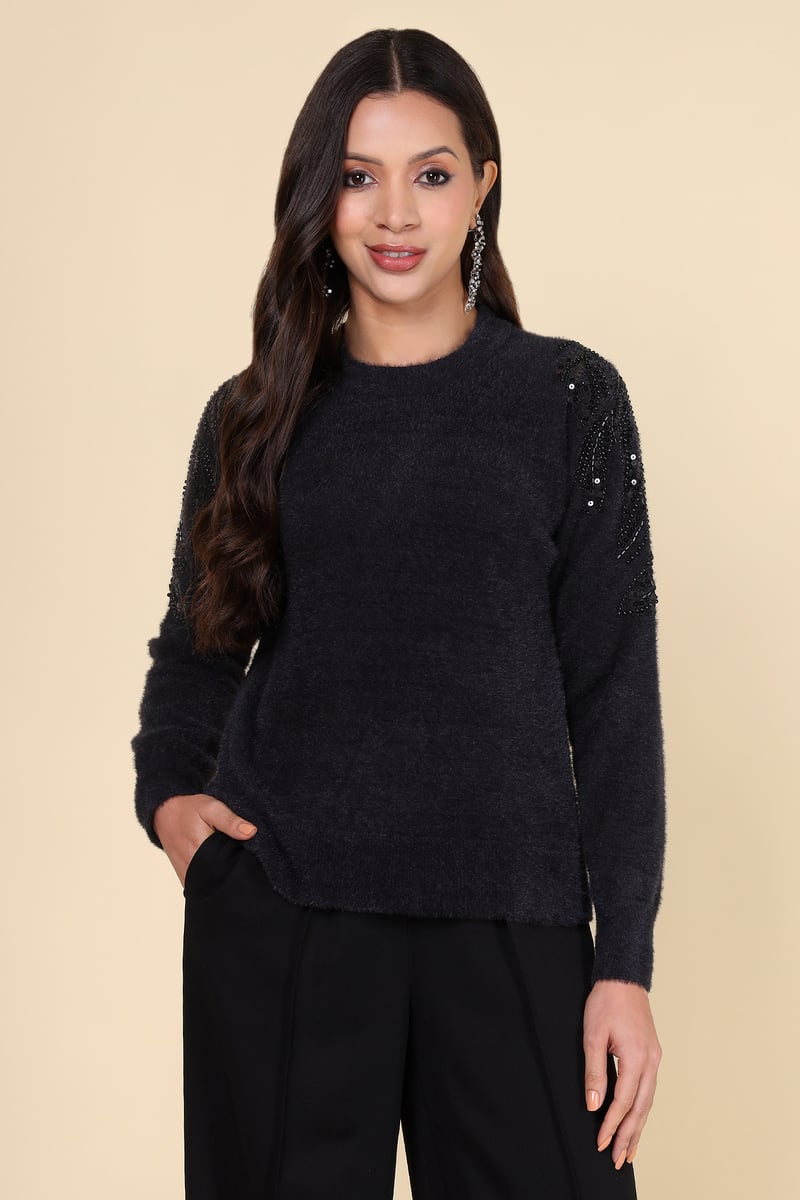 Black Embellished Shoulder Pullover Sweater