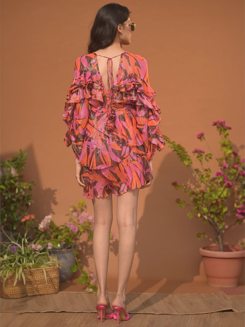 Multicolor Shimmer Georgette Tiered Ruffle Mini Dress