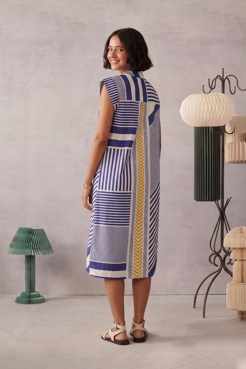 Multicolor Striped A-Line Midi Dress with V-Neck