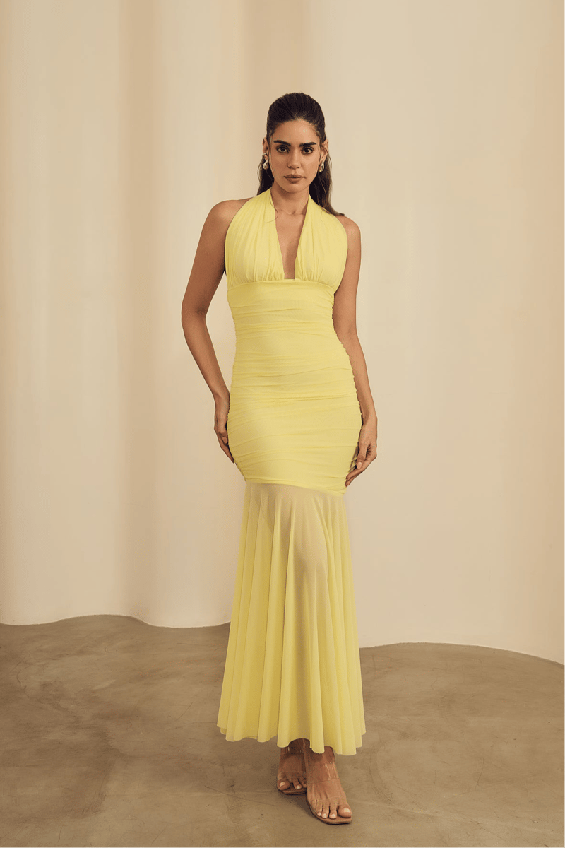 Yellow Halter Neck Ruched Bodycon Maxi Dress