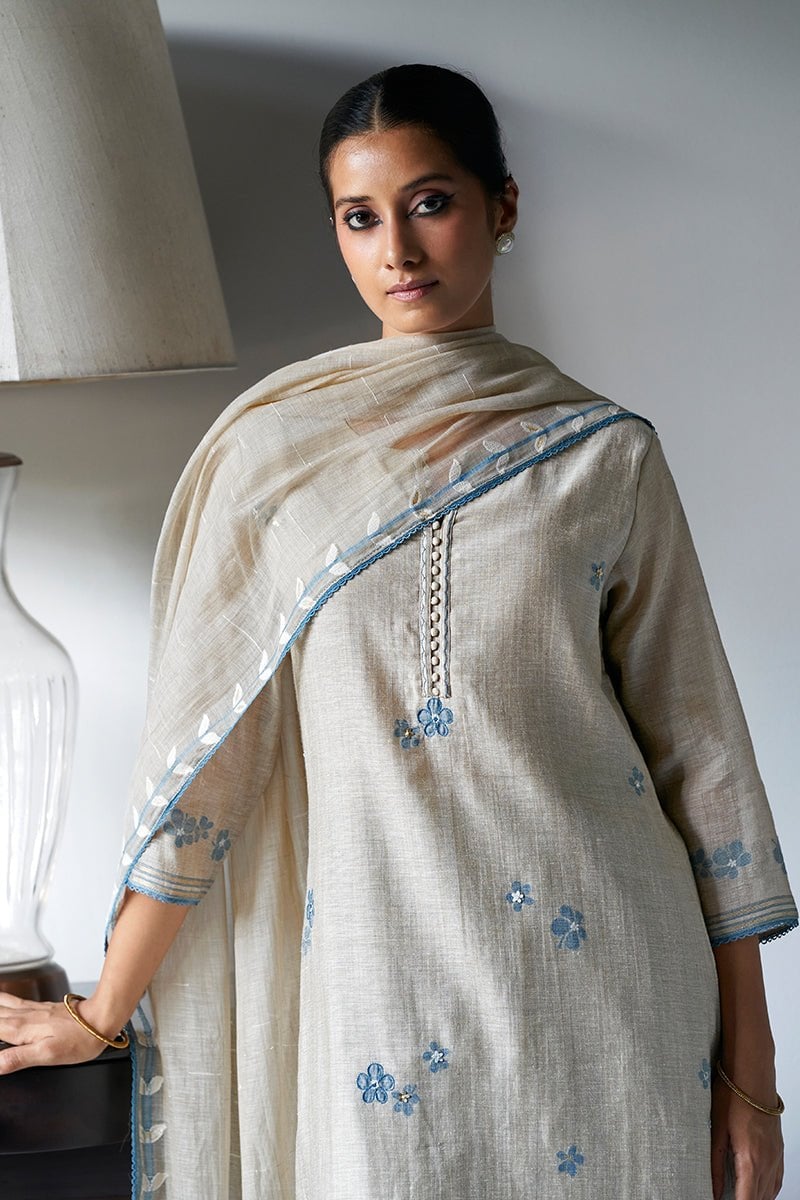 Beige and Light Blue Straight Kurta Suit Set with Dupatta