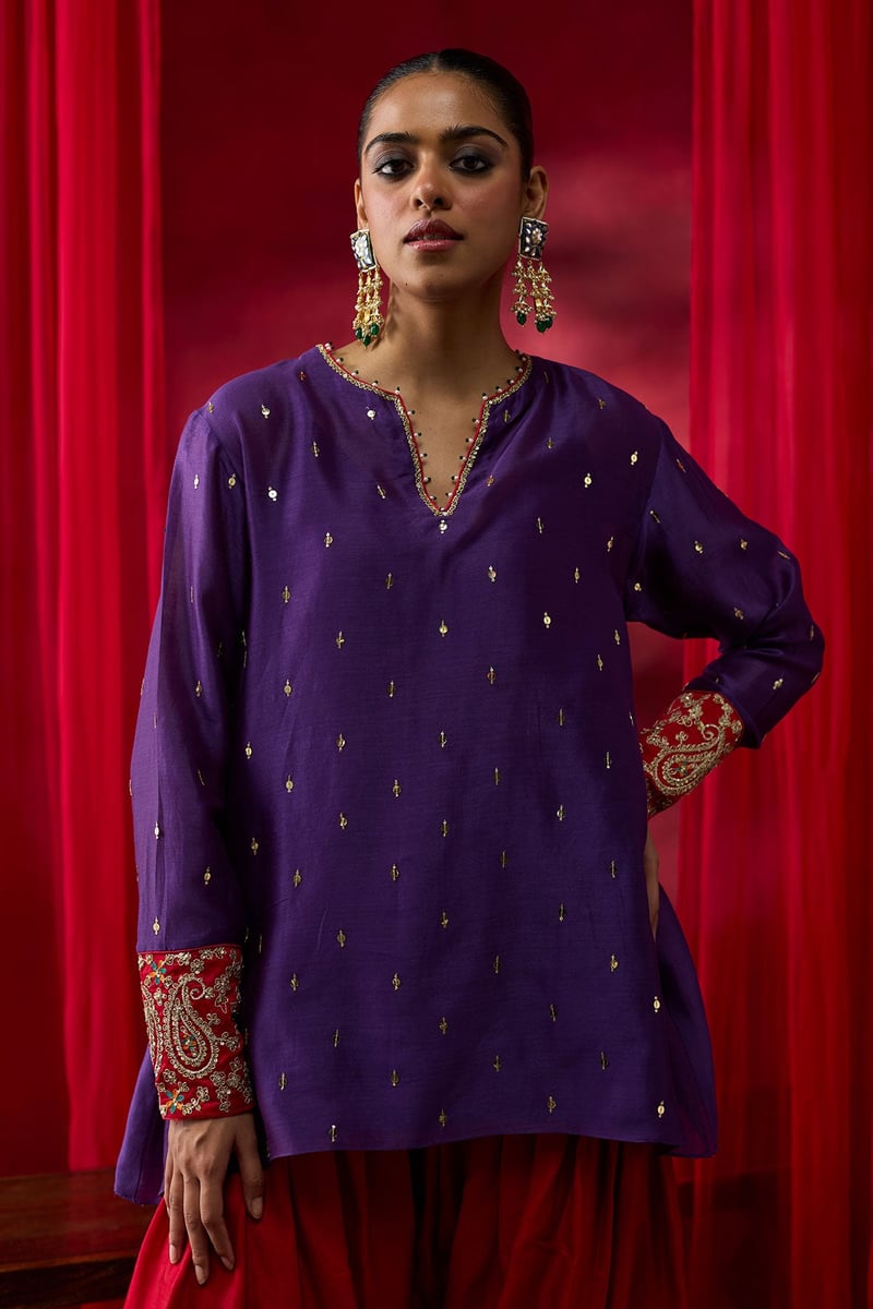 Purple Tunic and Red Salwar Co-ord Set With Embroidered Cuffs