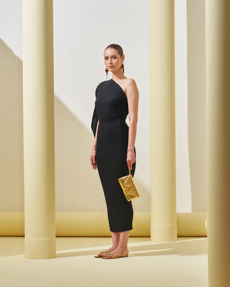 Black One-Shoulder Pleated Midi Dress with Drape Detail