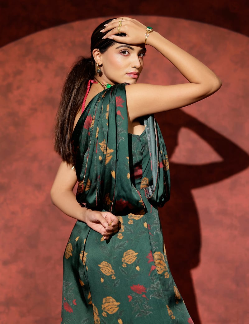 Green One-Shoulder Draped Printed Wide-Leg Jumpsuit