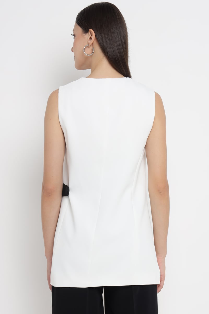 White V-Neck Longline Waistcoat with Black Waist Accent