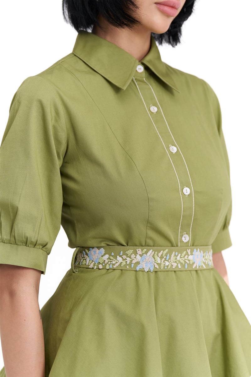 Golden Lime Cotton Twill Belted Fit and Flare Midi Dress