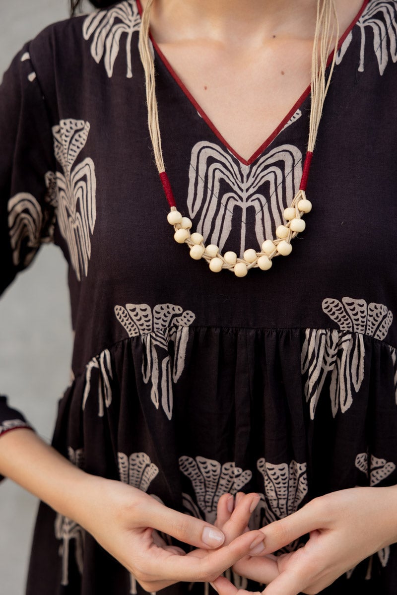 Black Block Print Fit and Flare Maxi Dress