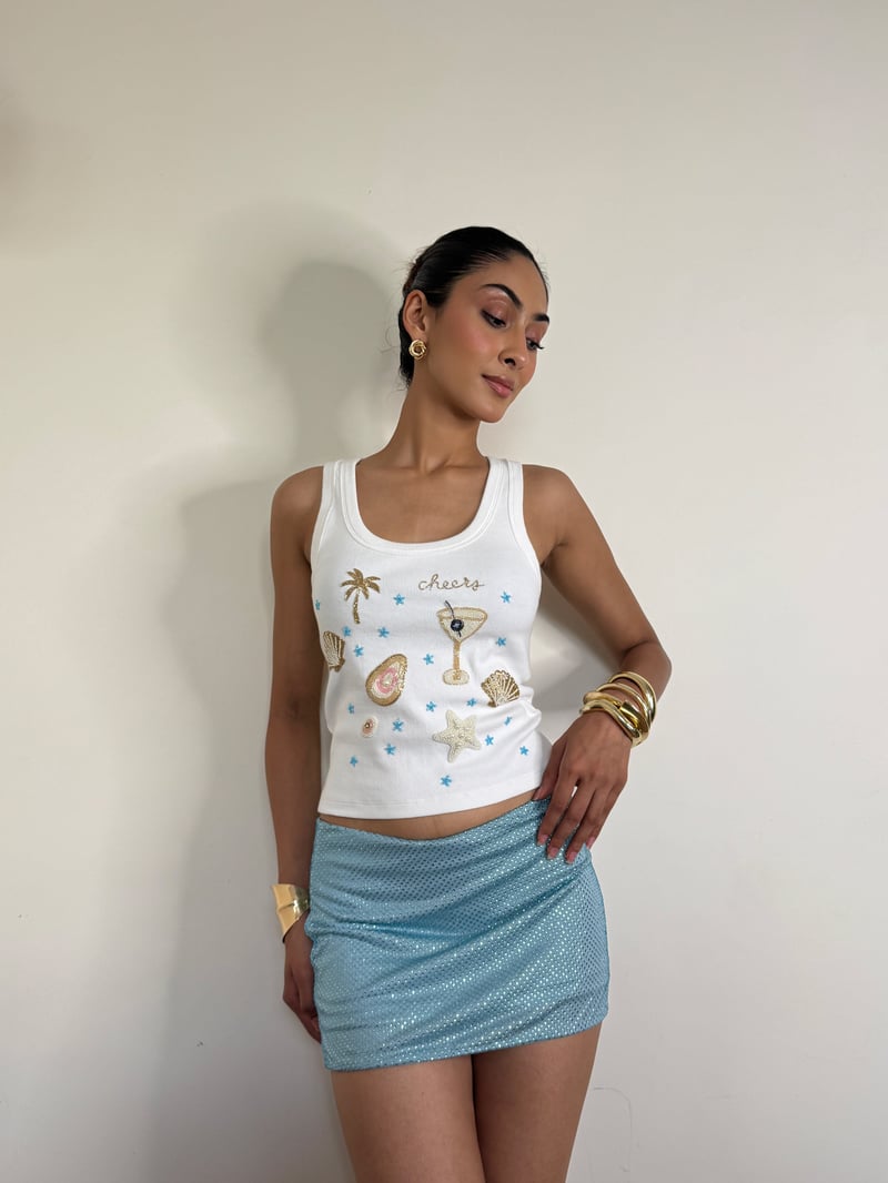 White Rib Knit Square Neck Beaded Tank Top — The clothing factory