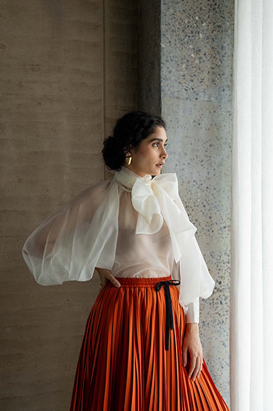 Off-White Sheer Organza Bow-Neck Statement Top