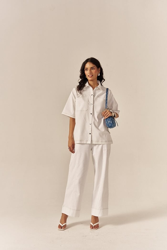 White Denim Oversized Shirt and Flared Pants Co-ord Set