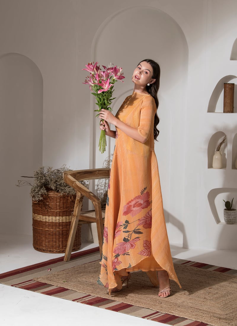 Golden Yellow Floral Kaftan Kurta Palazzo Co-ord Set