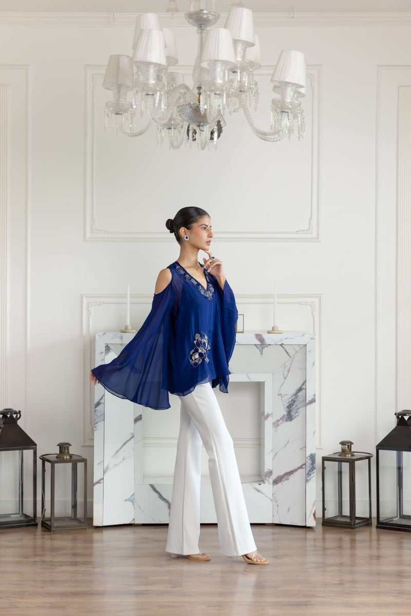 Seraphine Navy Blue Hand Embroidered Flat Chiffon Top