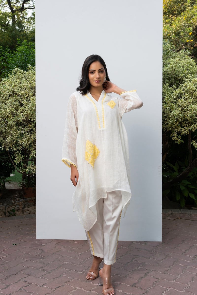 White and Yellow Linen Asymmetric Tunic Co-ord Set