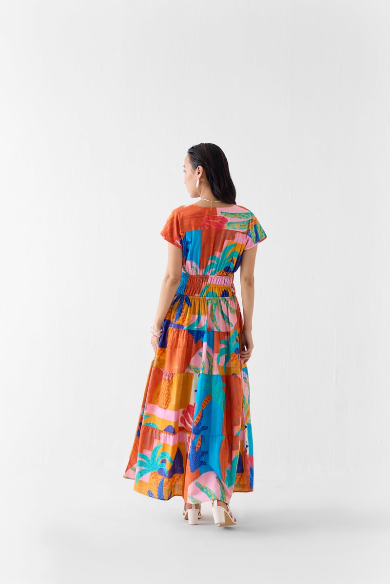 Multicolor Printed A-Line Maxi Dress with Drawstring Waist