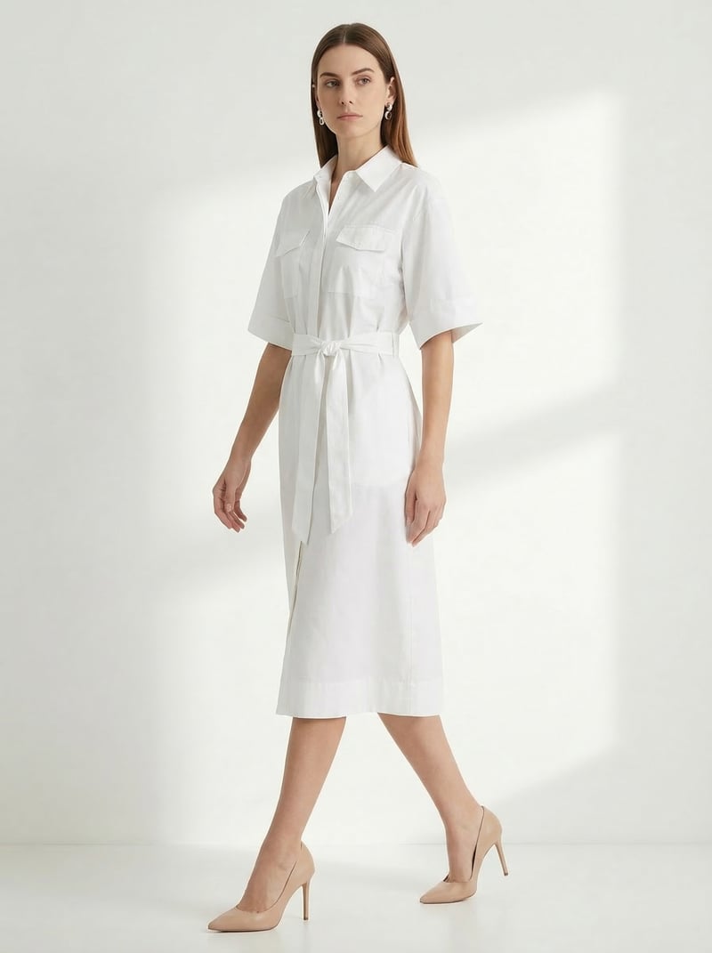 Ivory Cotton Belted Shirt Midi Dress