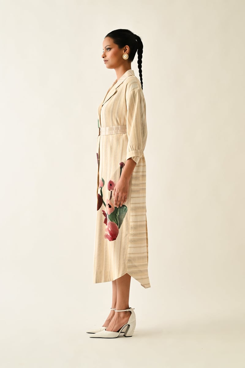 Off White Abstract Print Belted Midi Trench Shirt Dress