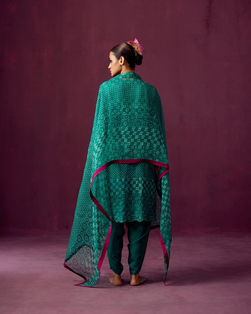 Emerald Green Bandhej Print Kurta Set with Dhoti and Dupatta