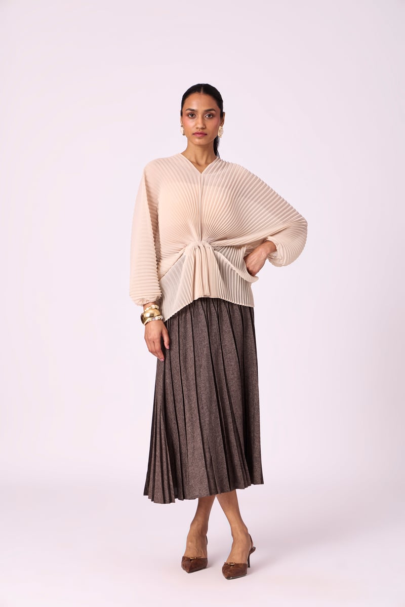 Cream Pleated Kaftan-Inspired V-Neck Batwing Top