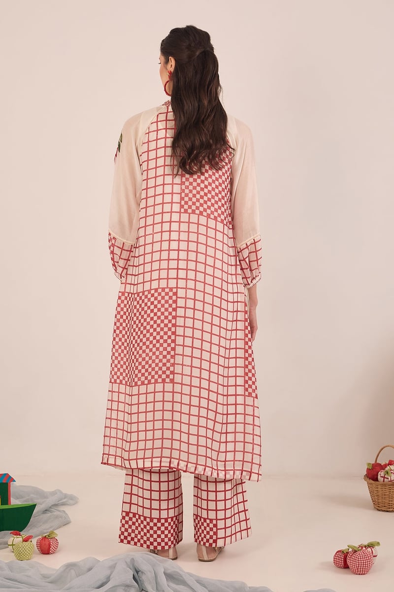 Ivory Kurta Set with Red Checks and Embroidered Neck