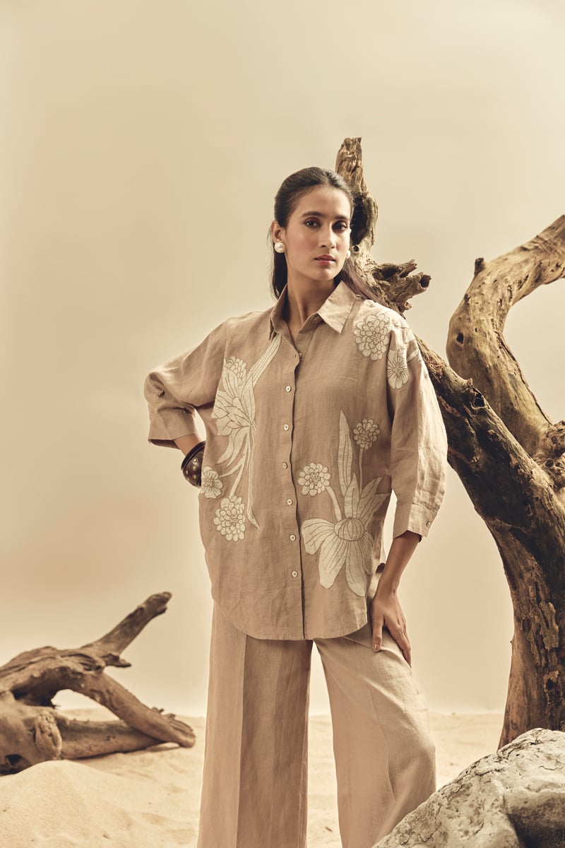 Khaki Linen Wide-Leg Trousers